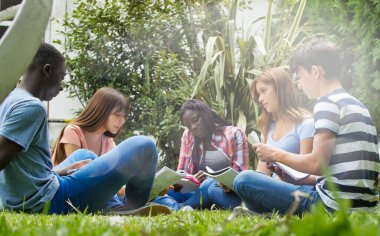 Beş öğrenciden oluşan çok ırklı bir grup çimenlerde oturup ödevlerini yapıyor ve dinleniyorlar..