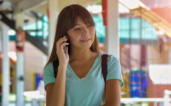 Asian Teenager Girl School Talking Phone — Stock Photo, Image