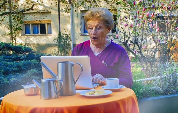 Ancianos Ritered Mujer Feliz Hablando Videocall Delante Ordenador Portátil Jardín — Foto de Stock