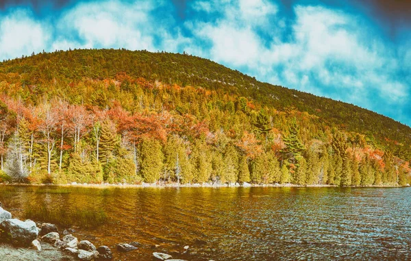 美国缅因州阿卡迪亚国家公园的鹰湖和树叶树的色彩全景 — 图库照片