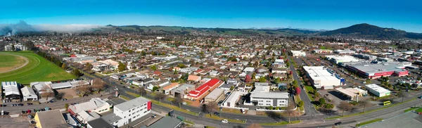Panoramic Aerial View Rotorua Landscape Geysers Smoke New Zealand Drone — Stock Photo, Image