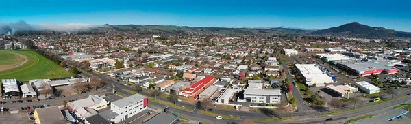 Panoramic Aerial View Rotorua Landscape Geysers Smoke New Zealand Drone — Stock Photo, Image