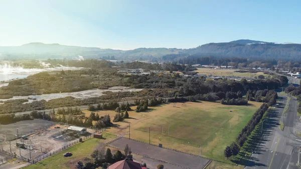 Vista Aérea Panorámica Del Paisaje Rotorua Humo Los Géiseres Nueva — Foto de Stock