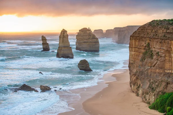 Aerial View Amazing Twelve Apostles Stormy Sunset Port Campbell National — Stock Photo, Image