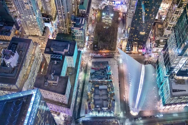 Overhead Natt Antenn Utsikt Över Downtown Manhattan Byggnader Från Hög — Stockfoto