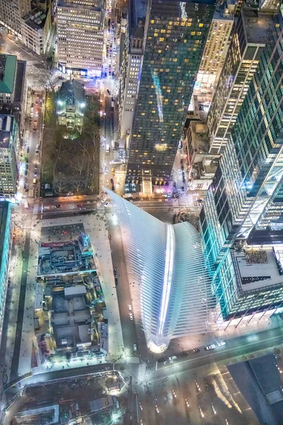 Overhead Natt Antenn Utsikt Över Downtown Manhattan Byggnader Från Hög — Stockfoto