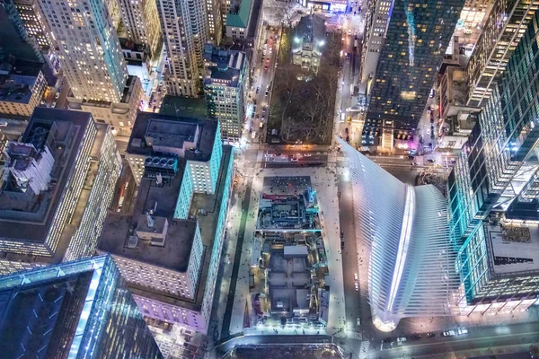 Overhead Night Aerial View Downtown Manhattan Buildings High Viewpoint New — Stock Photo, Image