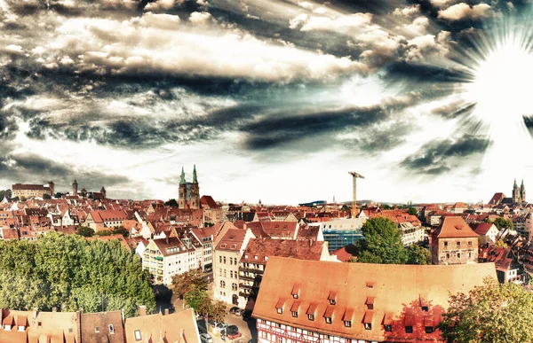 Vista Aérea Del Horizonte Medieval Nuremberg Desde Dron Atardecer Alemania —  Fotos de Stock