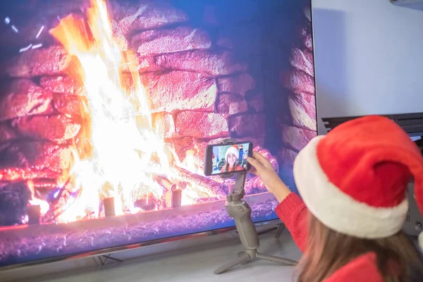 Young Girl Preparing Christmas Celebrations Setting Smartphone Recording — Fotografia de Stock