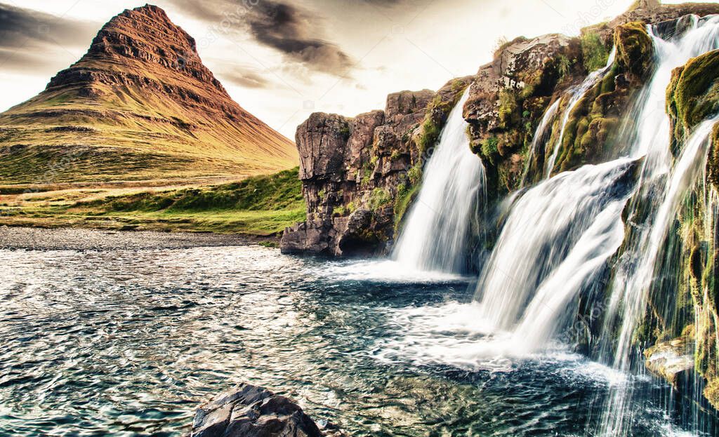 Kirkjufell waterfalls in summer season, Iceland.