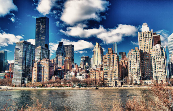 Manhattan skyline on a sunny morning from Roosevelt Island Park.