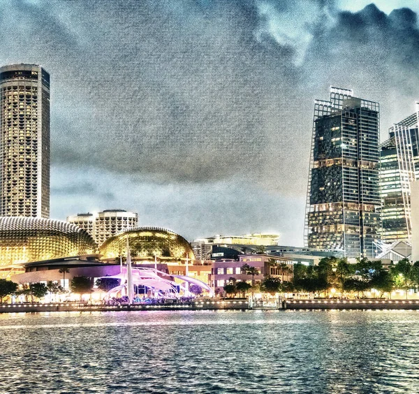 Singapur Junio 2020 Rascacielos Ciudad Por Noche Con Hermosas Luces —  Fotos de Stock