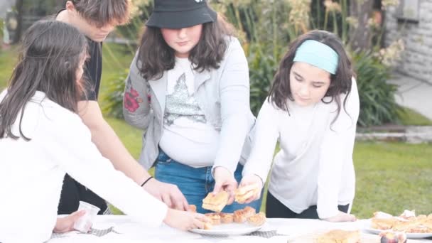 Groupe de jeunes enfants choisissant le pain et la gelée de la table en plein air — Video