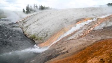 Excelsior Gayzer 'in maden yataklarıyla Firehole Nehri' ndeki çıkışı, Midway Gayzer Havzası - Yellowstone Ulusal Parkı, WY - ABD