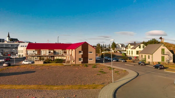 Vista Panorámica Ciudad Borgarnes Suroeste Islandia Desde Mirador Drones — Foto de Stock