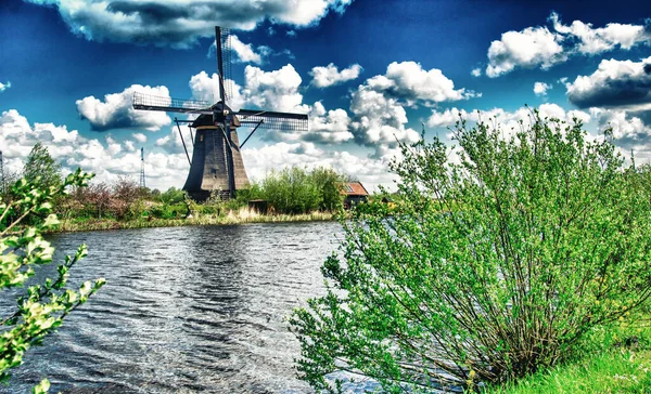 Kinderdijk Szélmalom Egy Napos Tavaszi Napon Hollandia — Stock Fotó