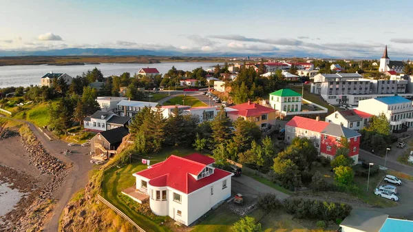 Vista Panorámica Ciudad Borgarnes Suroeste Islandia Desde Mirador Drones — Foto de Stock