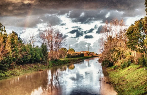 Toscaans Platteland Bij Zonsopgang Prachtige Kreek Met Bomen Lucht Italië — Stockfoto