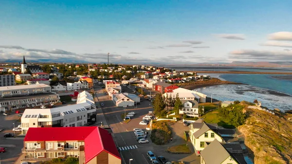 Vista Panorámica Ciudad Borgarnes Suroeste Islandia Desde Mirador Drones —  Fotos de Stock