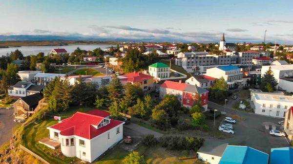 Panoramisch Uitzicht Stad Borgarnes Het Zuidwesten Van Ijsland Vanuit Een — Stockfoto