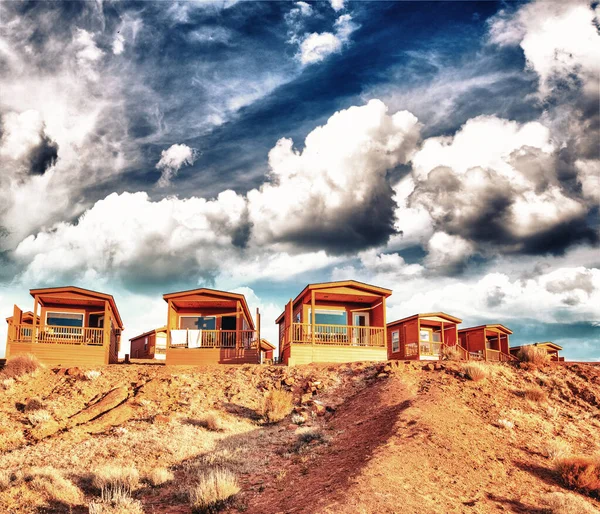 Casas Madera Atardecer Con Vista Panorámica — Foto de Stock