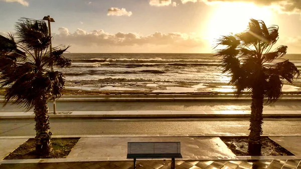 Aerial View City Promenade Ocean Beautiful Coast Sunset Drone — Fotografia de Stock