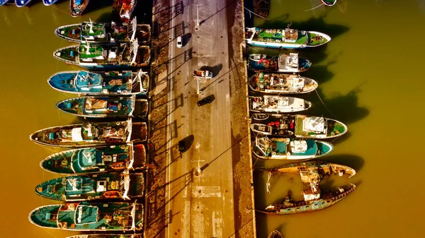 Fishing Boats Small Port Aerial Overhead View Drone — Foto Stock