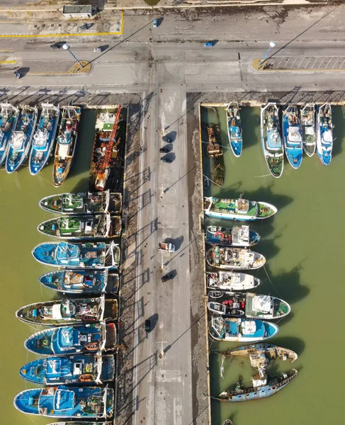 Fishing Boats Small Port Aerial Overhead View Drone — Stockfoto