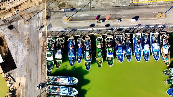 Fishing Boats Small Port Aerial Overhead View Drone — Stockfoto