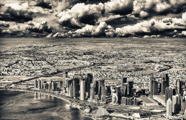 Skyline Aérienne Doha Depuis Avion Crépuscule Qatar — Photo