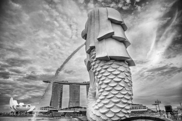 Singapore Grudzień 2019 Śródmieście Panorama Miasta Symbol Miasta Merlion Pochmurne — Zdjęcie stockowe