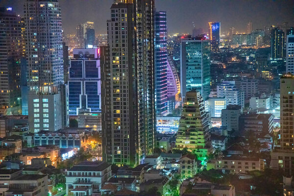 BANGKOK, THAILAND - JANUARY 5, 2020: City skyline aerial view at night