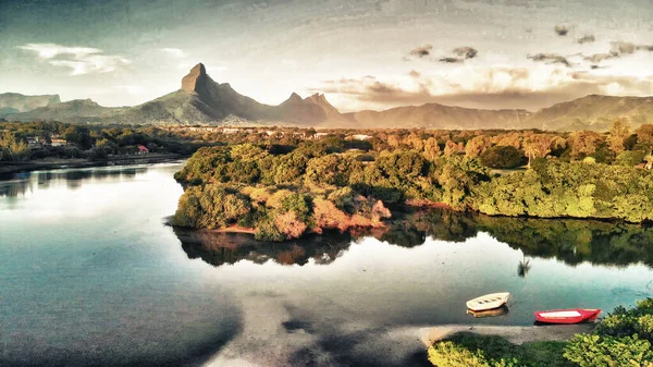 Incroyable Vue Aérienne Panoramique Maurice Coucher Soleil — Photo