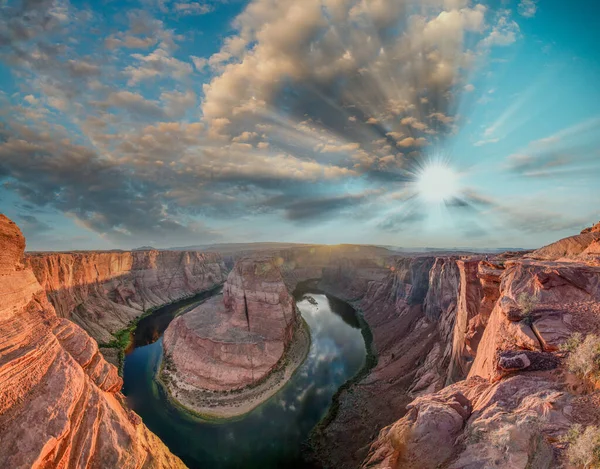 Horseshoe Bend Panoramik Hava Manzaralı Arizona Gün Batımında Kayalar Colorado — Stok fotoğraf