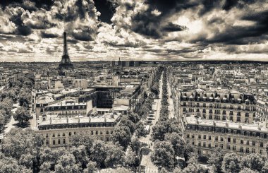 Arka planda Eyfel Kulesi olan Paris şehir manzarası.