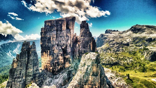 Aerial Panoramic Mountain Landscpae Five Towers Peaks Cinque Torri Dolomite — Stock Photo, Image