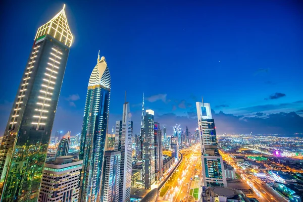 Downtown Dubai Skyscrapers Sheikh Zayed Road Aerial View Night — Fotografia de Stock