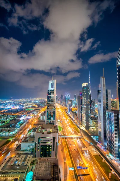 Downtown Dubai Skyscrapers Sheikh Zayed Road Aerial View Night — Fotografia de Stock