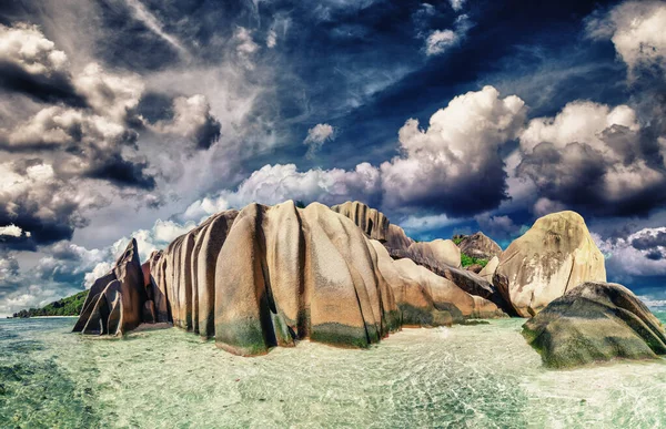 Vista Panorámica Digue Anse Source Argent Atardecer Seychelles — Foto de Stock