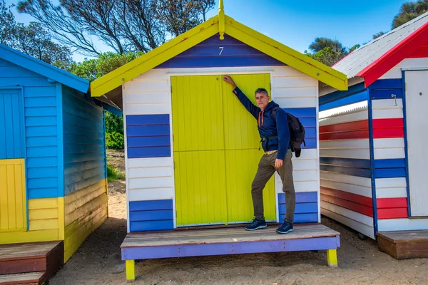 Happy Tourist Touching Colorful Hut Brighton Beach Australia — Photo