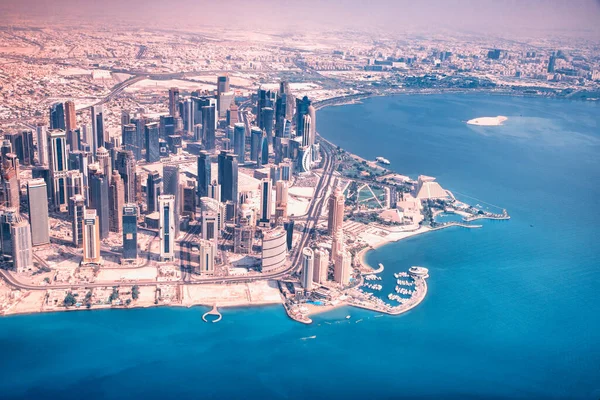 Doha West Bay Corniche Aerial View Aircraft Sunny Day Qatar — Stockfoto