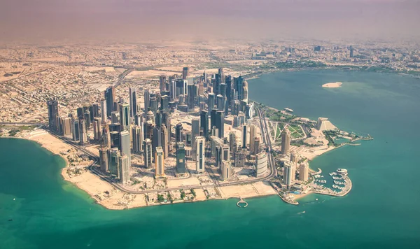 Doha West Bay Corniche Air View Aircraft Sunny Day Qatar — стокове фото