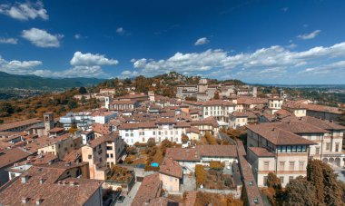 Panoramic aerial view of Bergamo Alta from city bell tower on a autumn day