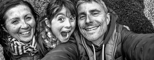 Happy Family Three People Taking Selfies Rock Hole — Stockfoto