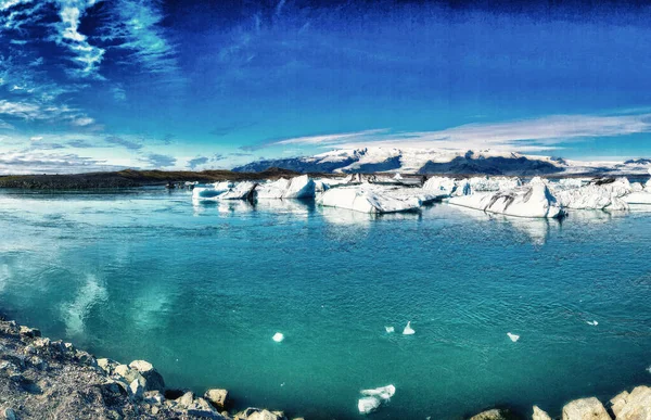 Jokulsarlon Icebergs Largo Playa Vista Panorámica Costa Islandia — Foto de Stock