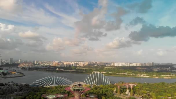 Vista aérea de Marina Bay parques e edifícios de drone em um belo dia ensolarado, Cingapura — Vídeo de Stock