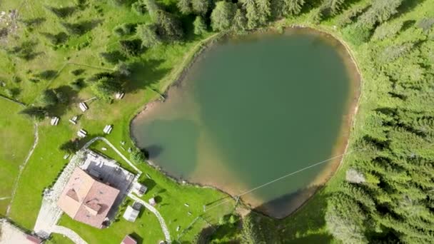 Альпийское озеро в летнее время окружено красивым лесом, над головой вниз вид с воздуха — стоковое видео