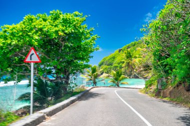 Güneşli bir günde Seyşeller 'in ortasından geçen yol.