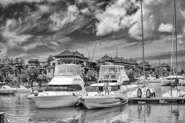 MAHe, SEYCHELLES - 15 Eylül 2017: Eden Adası 'nın küçük limanına demirlemiş sürat tekneleri ve botlar