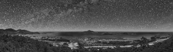 Panoramisch Uitzicht Eden Island Mahe Zeegezicht Vanaf Heuvel Een Sterrennacht — Stockfoto